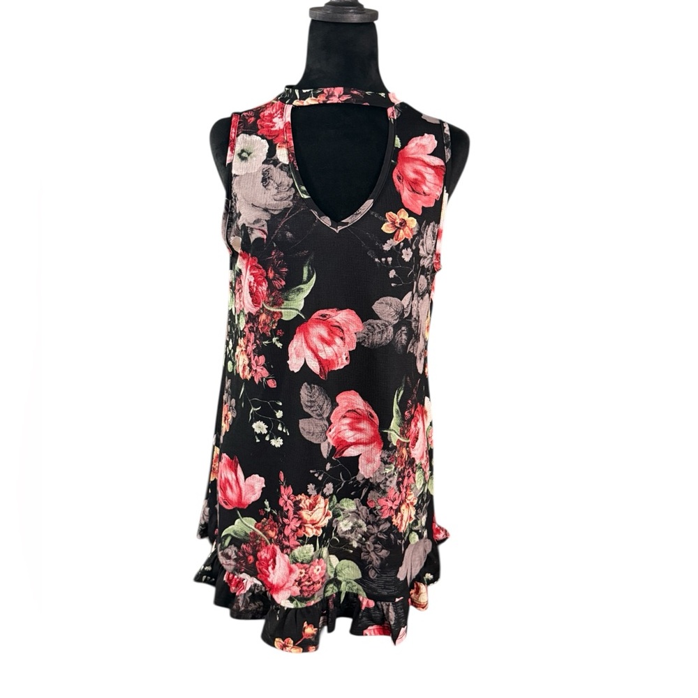 Sun& Moon Floral V-Neck Sleeveless Tunic Top - Black with Pink Floral